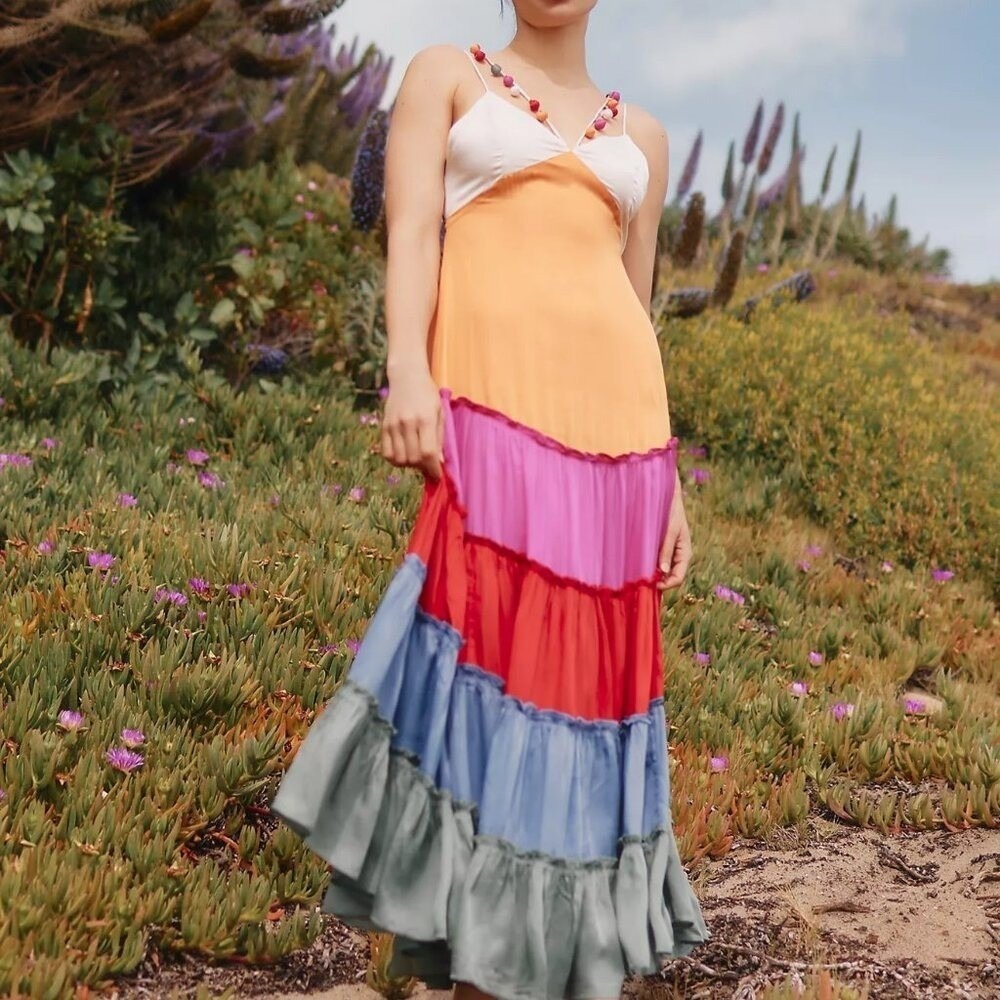 By Anthropologie Rainbow V-Neck Maxi Dress XS Colorful Silky Open Back Boho NWT